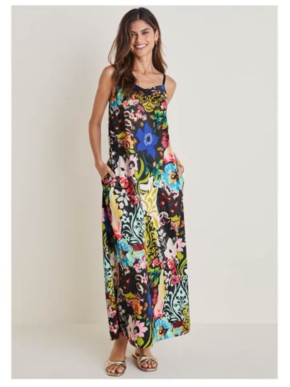 VENUS Black Maxi Dress with Multicolor Floral & Paisley Print